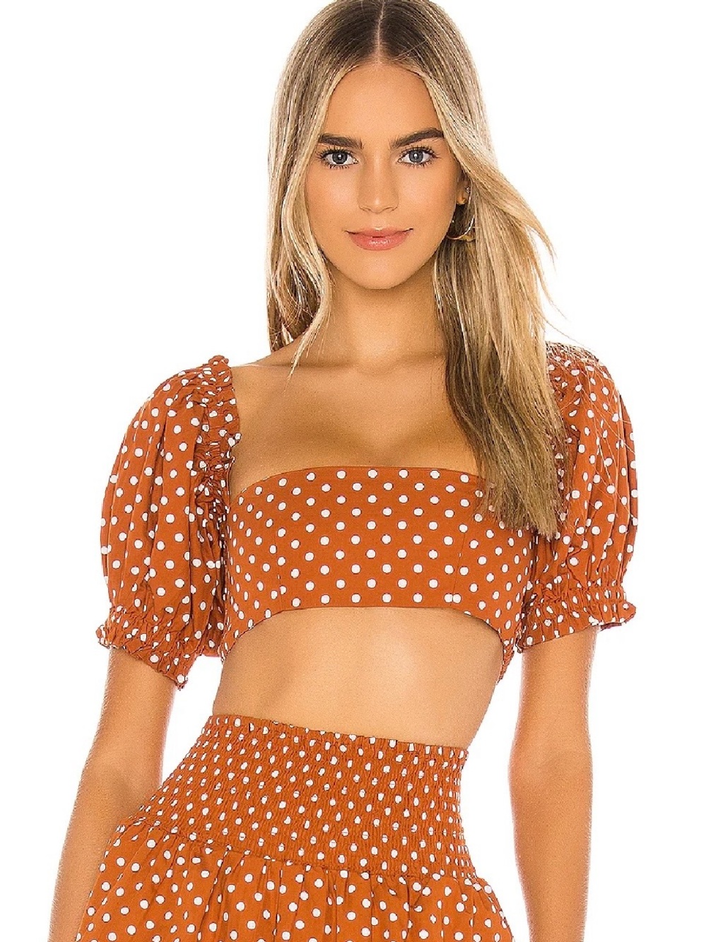 WeWoreWhat Coco Puff Sleeve Crop Top Rust Brown Polka Dot Square Neck Size M NWT